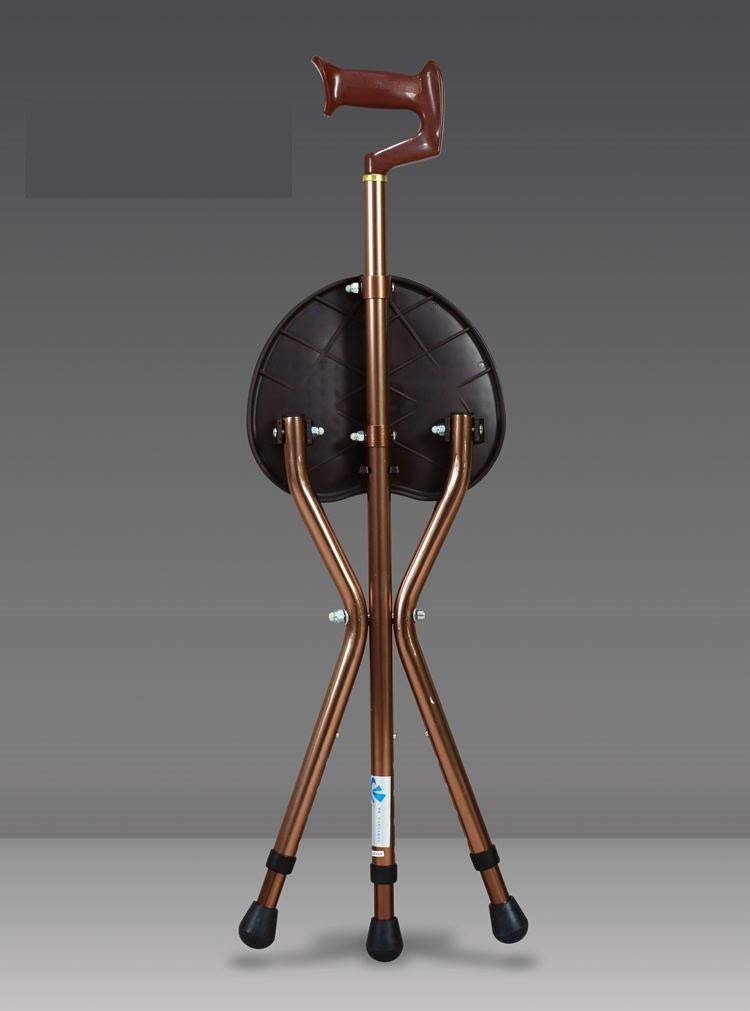 YUNSHINE Folding Cane Seat 400 lbs Capacity 3 Legs Adjustable Height Walking Stick Tall with LED Light Unisex for Elderly Brown