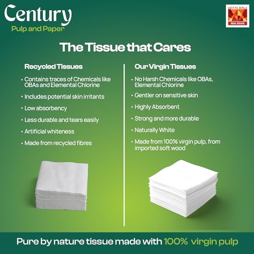 Image of Century 1 Ply 100% Virgin Pulp Tissue Paper Napkins| Highly Absorbent & Chemical Free Serving Napkins 100 Pulls- 23x23 cm (Pack of 6)