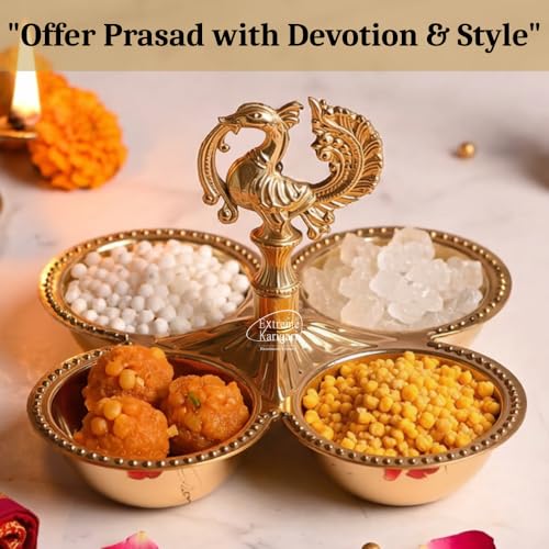 Image of Brass Kankavati Haldi Kumkum Container | Traditional Pooja Sindoor, Chawal Holder | Peacock Design 4 Bowl Pooja Accessory for Festivals, Gifting & Home Mandir (Brass Polished, Large)