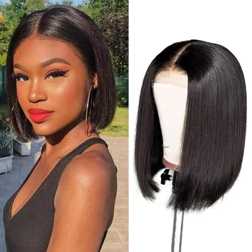 Human Hair Wig Peluca de cabello humano 4x4 Lace Front Wig Human Hair Bob Straight for Women Natural Brazilian Short Wigs 150% Density Natural Black Color 8 Inches