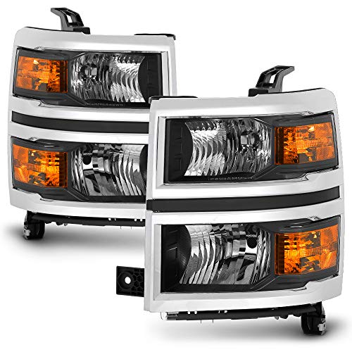 VIPMOTOZ OE-Style Headlight Headlamp Assembly For 2014-2015 Chevy Silverado 1500 Halogen Model Pickup Truck, Chrome Bezel Black Housing Driver & Passenger Side Pair Set