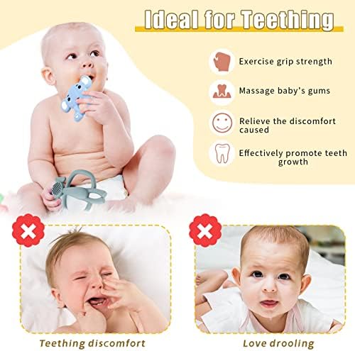 2 Pcs Teething Toys for Baby, Silicone Elephant Baby Teething Toy, BPA Free Baby Teether with 2 Pcs Finger Toothbrush Baby for Babies Over 3 Months - Stimulates and Massages Sore Gums