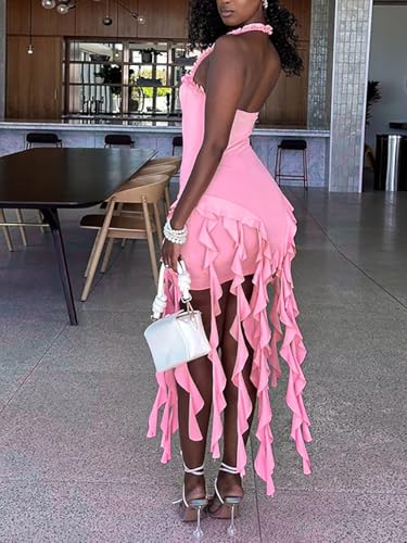 Image of Women's Sexy Fringe Ruffle Halter Neck Off Shoulder Bodycon Blackless Ruched Tassel Hem Mini Flowy Dress