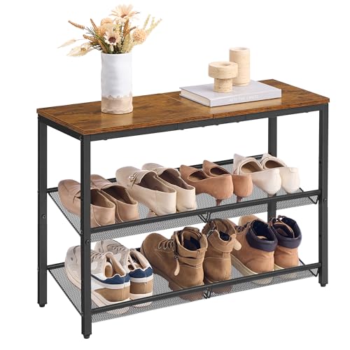 VASAGLE Zapatero, Estantería de Zapatos de 3 Niveles con Gran Parte Superior, Estantes de Malla Ajustables, para Entrada, Pasillo, Acero, Marrón Rústico y Negro Tinta LBS043KD01