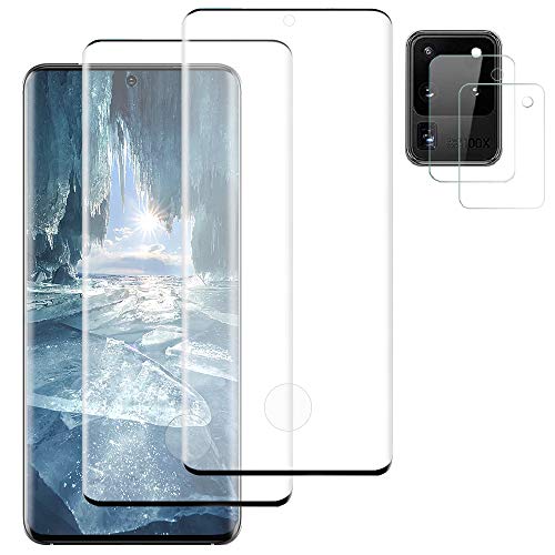 (2 Pack +2 Pack Lens Protector) Glass Screen Protector for Samsung Galaxy S20 Ultra, HD 9H Tempered Glass, Ultrasonic Fingerprint Compatible,3D Curved, for Galaxy S20 Ultra / S20 Ultra 5G (6.9