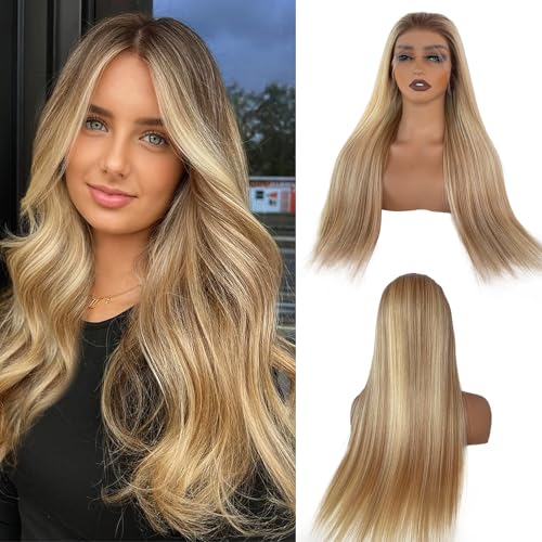 Image of Belaved Highlight Lace Front Wig Human Hair No Shedding Salon-QualityHD Frontal Real Human Hair Pre Plucked Glueless 180% Density Balayage 13x6 Straight Wigs for Women 20 Inch