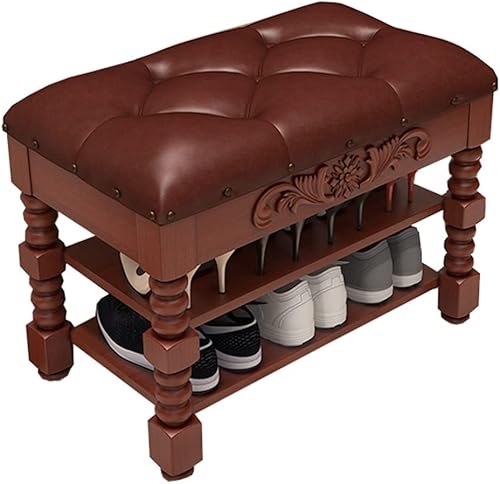 DKP Zapatero de madera maciza, asiento tapizado plegable, caja de almacenamiento multifuncional, estante de 2 estantes, peso del rodamiento 264.6lbs
