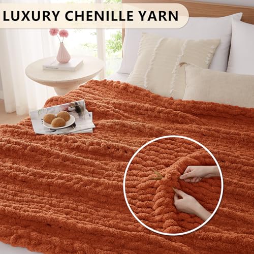 L'AGRATY Chunky Knit Blanket Throw: 72''x84'' Chenille Chunky Knitted Throw Blankets for Bed Couch - Handmade Thick Big Cable Knit Blanket - Large Crochet Rope Blankets for Home Decor(Rusty Orange)