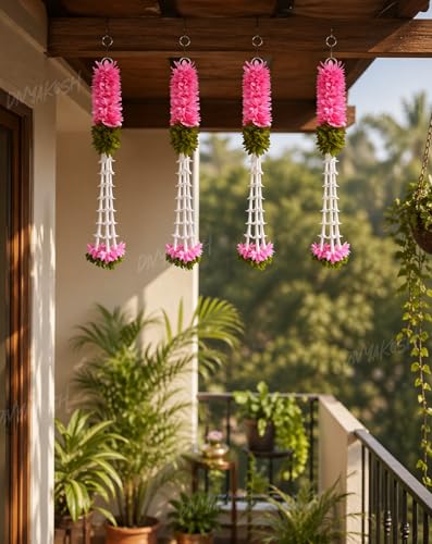 Image of Divyakosh Hanging Gajra Set of 4 | Small 15 Inch Pink-Green Fabric Floral Wall Hangings | Temple & Pooja Room Decoration Items | Backdrop Decor for Festivals & Diwali