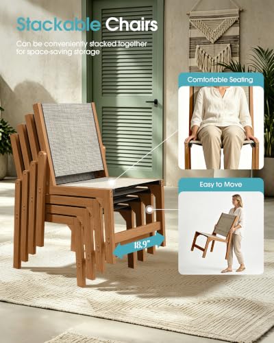 Image of Ciokea HDPE Outdoor Dining Chair, Patio Stackable Porch Chairs, Teak | All-Weather Armless Furniture with Breathable Teslin Fabric. Suitable for Outdoor Leisure in Backyard, Pool, Lawn & Garden..