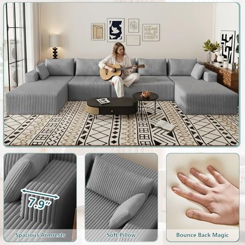 Image of 160 inch U-Shape Cloud Couch, Modern Modular Sectional U-Shape Sofa, Corduroy Boneless Couch Upholstered Couches Deep Seat Sleeper Chaise Longue for Living Room, No Assembly Required,Light Gray