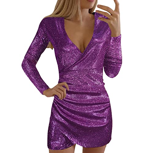 Sexy Glitzer Kleid Damen Kurz -Pailletten Kleider Langarm Herbst|Winter Glitzerkleid Partykleid Hochzeit Cocktailkleid Elegant Party Pailletten...