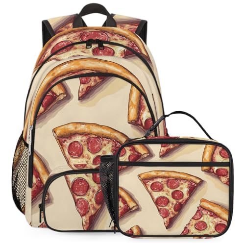 TropicalLife Pizza Backpack with Lunch Box Set, Back Pack and Lunch Bag Pizza Waterproof Casual Daypack Bag for Work Travel