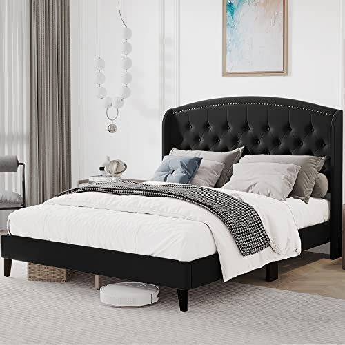 Homhougo Queen Size Bed Frame, Upholstered Platform Bed With Wingback Headboard, Heavy Duty Button Tufted Bed Frame With Wood Slat Support, Easy Assembly, No Box Spring Needed, Black #TOP2
