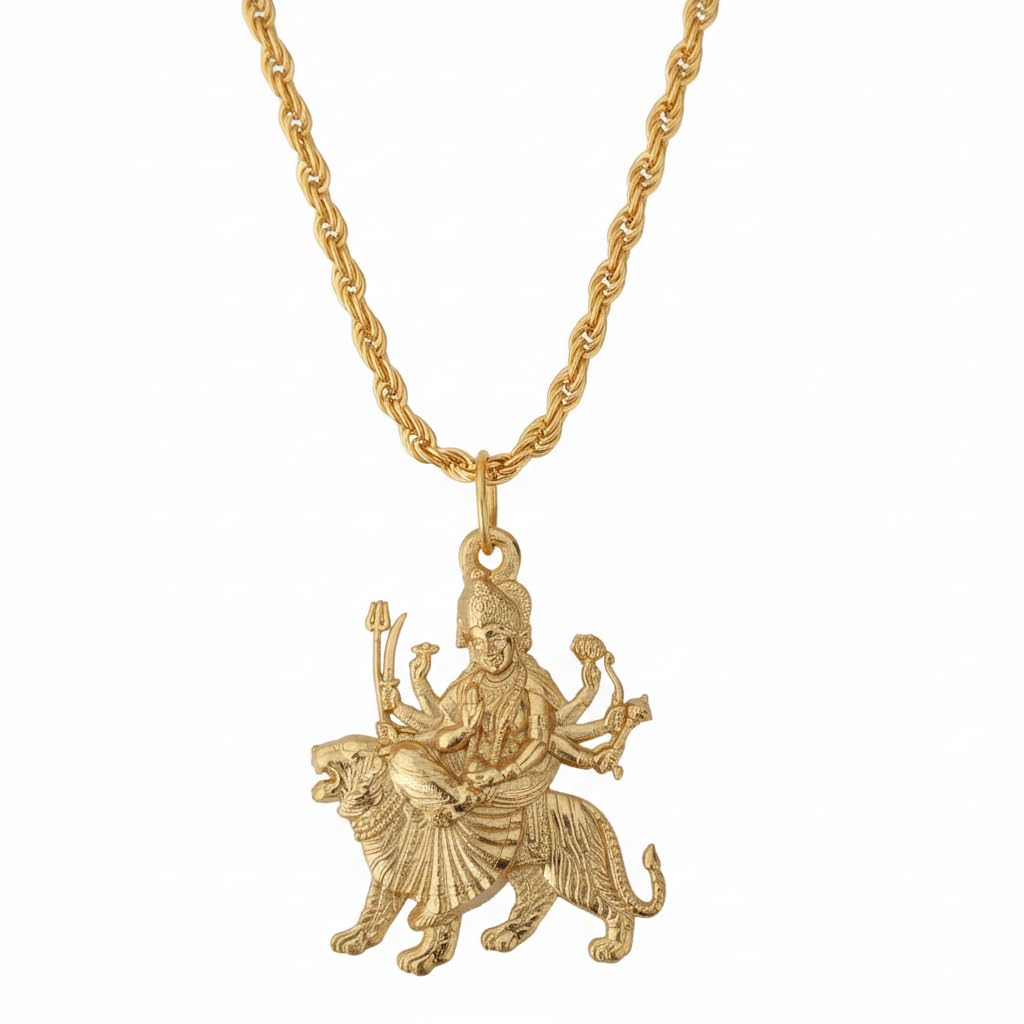 Maa Durga Riding Lion Pendant Necklace for Men & Women | Gold-Tone Rope Chain | Hindu Goddess Durga Spiritual Jewelry Spn2025597