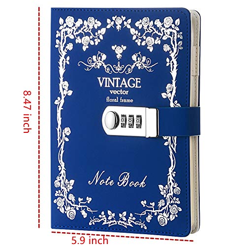 Junshop Lock Journal Diary Digital Password Notebook Leather Binder Diary With Combination Lock Print Bronzing (Blue) #TOP1