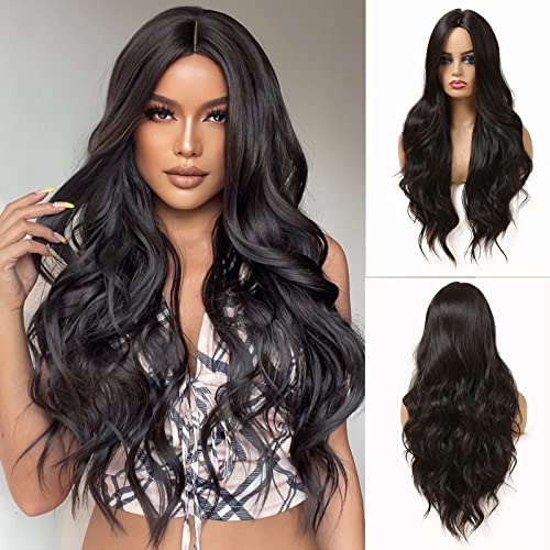Esmee Long Wavy Black Wigs for Women Natural Synthetic Hair Heat Resistant Wigs for Daily Party Cosplay Wear-26 Inches