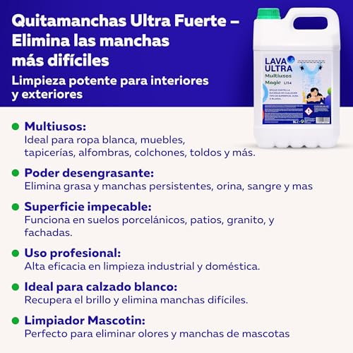 LavaUltra Quitamanchas Ultra Fuerte 5L+ Spray 750 ml. – Potente Limpiador Multiuso Para Todo Tipo de Superficies: Cocina, Mecánica,Baño,Zapatillas,Tapicería, Mesas,Suelos,Sartenes,Hornillas y Mas. - imagen 2