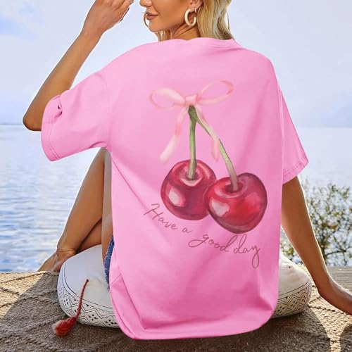 BINTEHGS Oversized Graphic Tees for Women Trendy Cherry Printed Shirt Cute Summer Aesthetic Cotton Tshirts Tops for Teens3