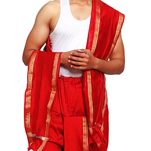 Image of Rameshwaram Fabrics Mens Ready to Wear Silk Dhoti with Angwastra Set - Pocket Dhothi