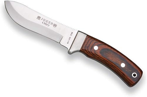 Joker Cuchillo de caza OSO CR49, hoja 4.72 pulgadas MOVA, mango de resistencia de madera roja, funda de cuero marrón, herramienta de pesca, caza,