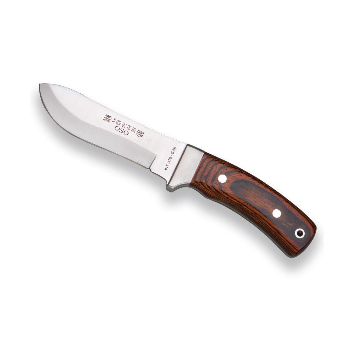 joker Coltello da caccia 21,5 cm Orso con manico in legno rosso, lama MOVA 12 cm e fodera in pelle, CR49 per la pesca, la caccia, l'escursionismo, il campeggio
