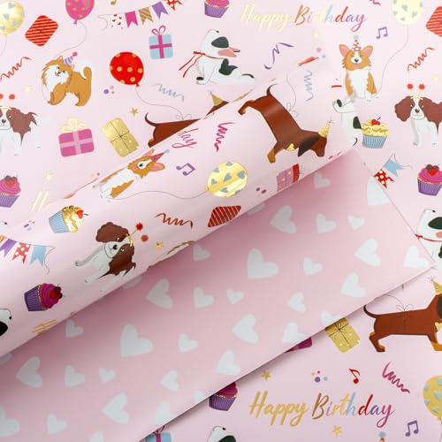 Yarcony Birthday Dogs Wrapping Paper Mini Roll Pink Girl Wrapping Paper Metallic Foil Reversible Cute Puppy Dog Balloons Gift Wrap for Girl Birthday Baby Shower Pet Lovers(17 Inch X 16.5 Feet)