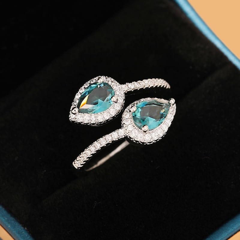 Gorgeous CZ Crystal Statement Wedding Ring for Women Green Teardrop Spring Gemstone Adjustable Open Band Wrap Birthday Cocktail Party Ring Comfort Fit Dainty Jewelry Gifts