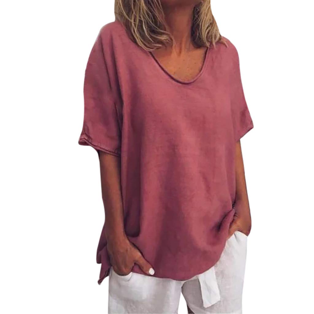 YEBIRAL Mujeres Casual Tallas Grandes Camiseta Camisa Manga Corta Suelto Casual Redondo Cuello Color Sólido Túnica Tops de Verano Blusas（5XL,Vino