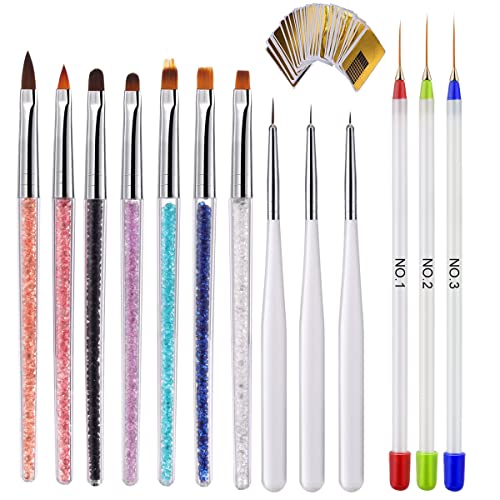 Monja Nail Art Brushes, 100Pcs Acrylic Nails Tips Extension Guide Sticker Forms, UV Gel Polish Drawing Painting Craft Design Brush, 3D Carving, Liner Pens Dedicate Lines, for Salon Home DIY