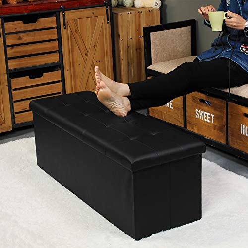 Generate Pinplus Folding Storage Ottoman Bench With Tray,Faux Leather Long Storage Chest Footrest Seat Black (43.3Inch Lx15 Wx15 H) #TOP4