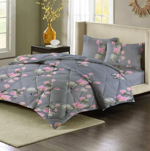 Image of HOMEKART 220 GSM Premium Reversible Microfiber AC Comforter for Double Bed | Soft, Lightweight & Breathable All-Season 3-Layer Quilted Blanket (220 x 240 cm, Floral Grey and Pink)
