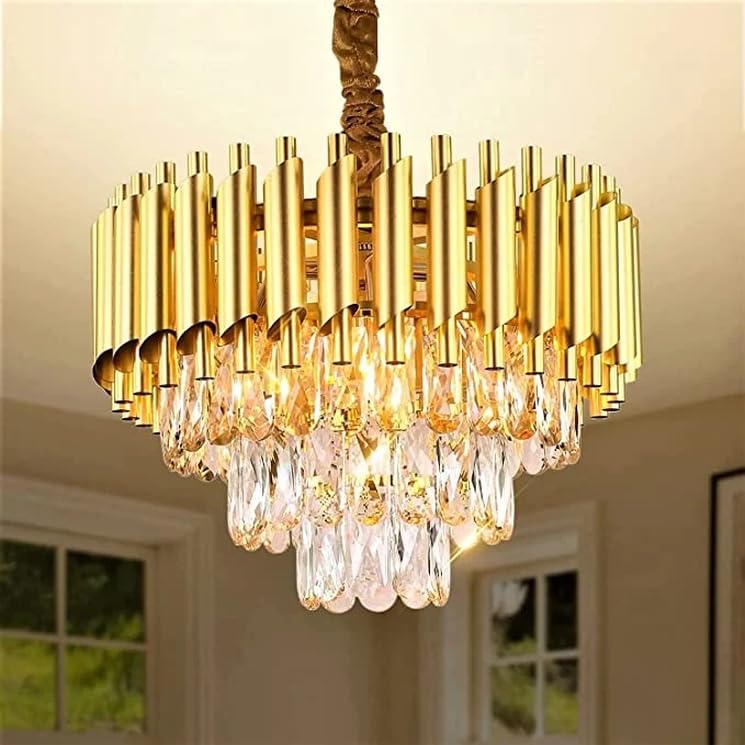 Image of Modern K9 Crystal Chandeliers Gold 3-Tier Round Crystal Chandelier Ceiling Light Fixture for Living Room and Hallway(400mm) F