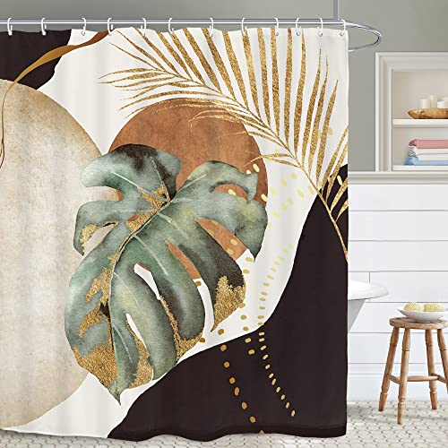 Yookeb Abstract Mid Century Bathroom Shower Curtain 71W by 71H Inch Modern Plant Monstera Neutral Minimalist Brown Leaves Aesthetic Polyester Fabric 12 Plastic Hooks Waterproof Decor