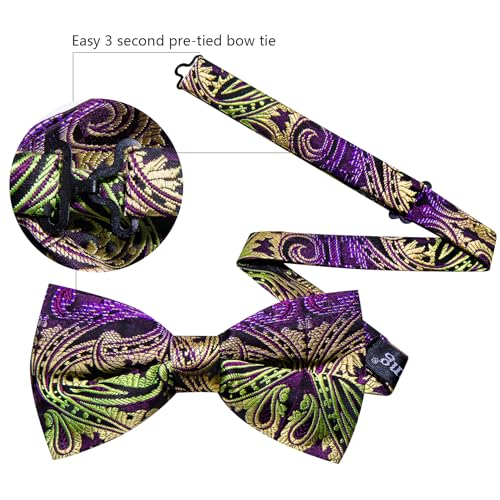 Image of Barry.Wang Paisley Striped Bow Tie for Men Silk Pre-Tied Bowtie Pocket Square Cufflinks Set Formal Wedding Party Prom