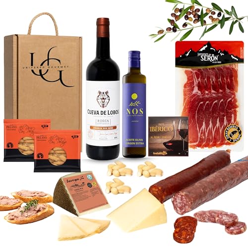 UNIVERSO GOURMET | Cesta Gourmet para Regalar | Vino DO.Rioja | Aceite Oliva Virgen Extra | Embutidos Ibéricos Bellota | Paleta Gran Reserva y Queso Curado | Pate Pedro Ximenez y Picos Pan Artesanos
