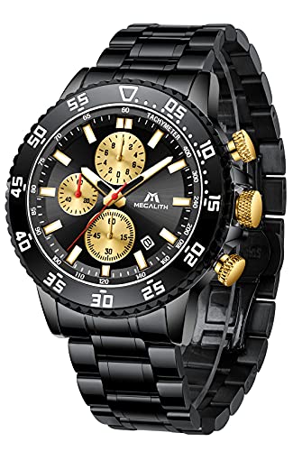 MEGALITH Mens Watches Black Stainless Steel Waterproof Analog Quartz Wrist Watch Fashion Business Chronograph Watches for Men with Auto Date