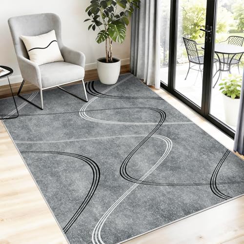 Alishomtll Wohnzimmer Teppich Grau Kurzflor 160x230 cm, Geometrische Linienmuster Teppich Läufer mit Anti-Rutsch Unterseite, Modern Weich Waschbar Küchenteppich für Schlafzimmer, Eingang, Flur