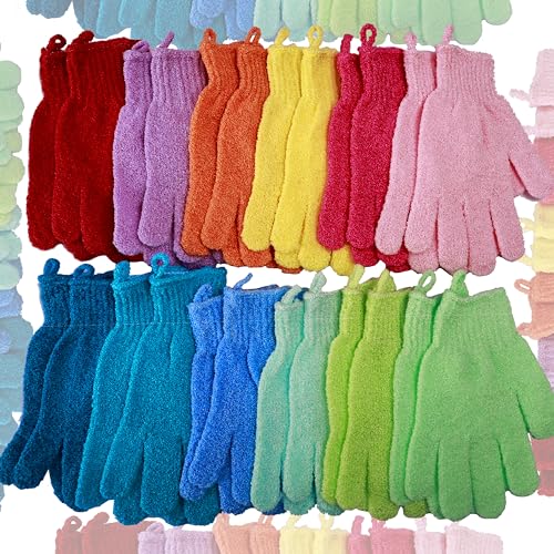 Lot de 24 gants de bain exfoliants, 12 couleurs, gants exfoliants double face pour beauté, spa, massage, peau, douche, gommage, accessoires de bain, fabriqués en nylon