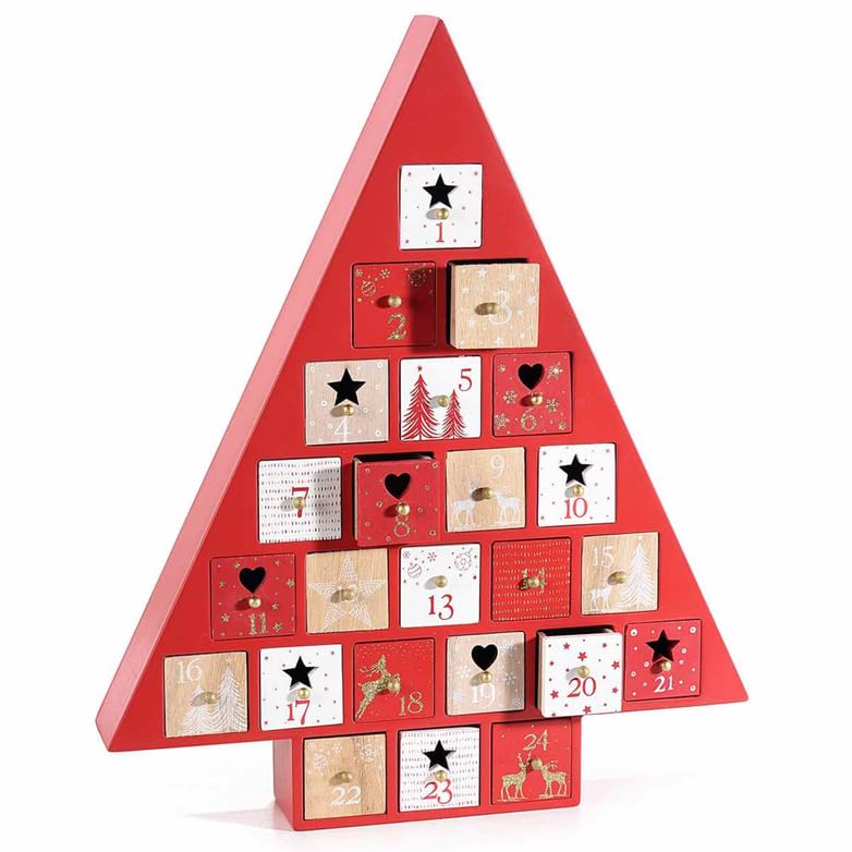 Gruppo Maruccia - Calendario dell’Avvento Natalizio - In Legno a Forma di Albero - Con 24 Cassettini Numerati Decorati - Da Appendere o Da Appoggiare - Per Regali Fai da Te e Decorazioni di Natale