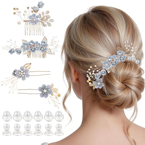 Image of 16 Pack Wedding Hair Accessories for Women- Brides Bridesmaids Hair Clips Set include 4 Flower Hair Pins and 12 Twist Spiral Pearls, Headpiece for Wedding Garden Tea Birthday Prom Party