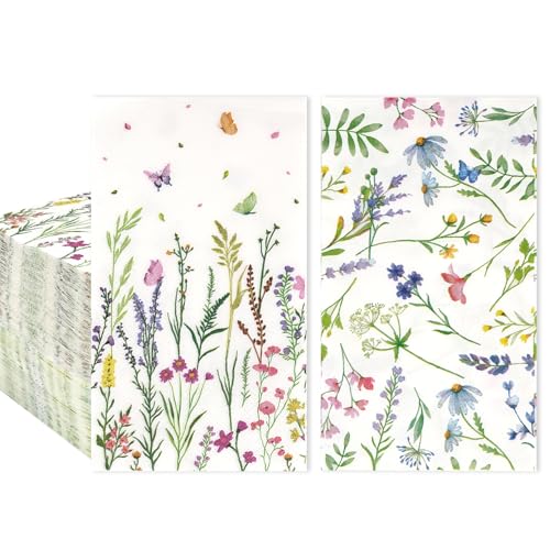 100Pcs Floral Paper Napkins 2-Ply Disposable Wildflower Party Napkins Guest Dinner Hand Towels with Butterfly Flower for Spring Bathroom Birthday Tea Party Wedding Wildflower Floral Party Decorations