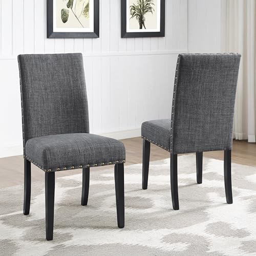 Image of Roundhill Furniture Biony Gray Fabric Dining Chairs with Nailhead Trim, Pack of 2