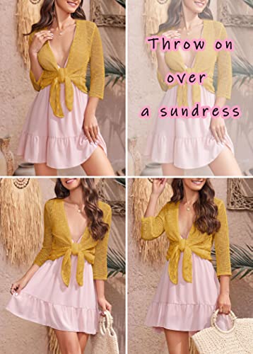 Nulibenna Womens Sheer Shrug Sweaters 3/4 Sleeve Open Front Tie Cardigan Bolero Jacket Lightweight Crochet Knit Cover Up Tops Golden Yellow #TOP4