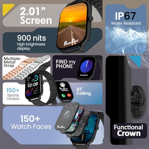 Image of PunnkFunnk H9 Metal Smart Watch 2.01 inch TFT Display, Bluetooth 5.0 with 100+ Sports Mode, Heart Rate & Blood Oxygen Monitor, Call & Message Reminders Compatible with Android & iOS (Metal Black)