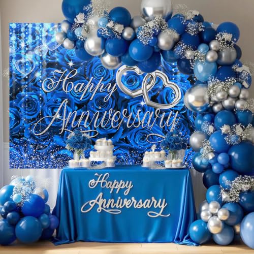 Mocsicka Happy Anniversary Backdrop, Blue and Silver, 7x5ft by Mocsicka - Used condition - Image 2