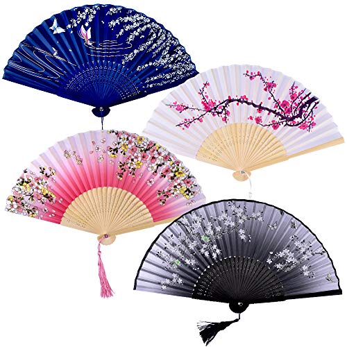 Tomkity 4pcs Éventails Pliants avec Frange Coloré en Soie Style Japonais Motif Sakura Fleur Décoration Mariage Fait à la Main
