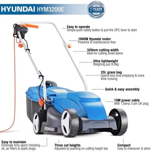 Hyundai 12.5"/32cm 320mm Corded Electric Lawn Mower, 3 Cutting Heights, 25L Grass Collector, 10m Power Cable, Lightweight, 1000w 230v /240v with 3 Year Warranty
