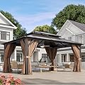 Aoxun 12'x16' Hardtop Gazebo, Aluminum Frame Permanent Pavilion with Curtains and Netting, Outdoor Polycarbonate Double Roof Canopy, Designed for Garden, Lawns, Patio, Brown