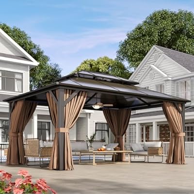 Aoxun 12'x16' Hardtop Gazebo, Aluminum Frame Permanent Pavilion with Curtains and Netting, Outdoor Polycarbonate Double Roof Canopy, Designed for Garden, Lawns, Patio, Brown